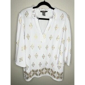Olivia & Martin Shirt Womens 1X White Gold Foil Ruffle Split Neck Boho Blouse